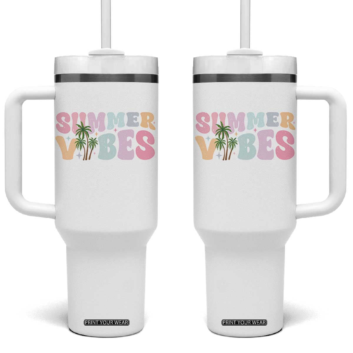 Summer Vibes Tumbler With Handle Beach Life Gift Distressed Beach Mom TS10 One Size: 40 oz White Print Your Wear