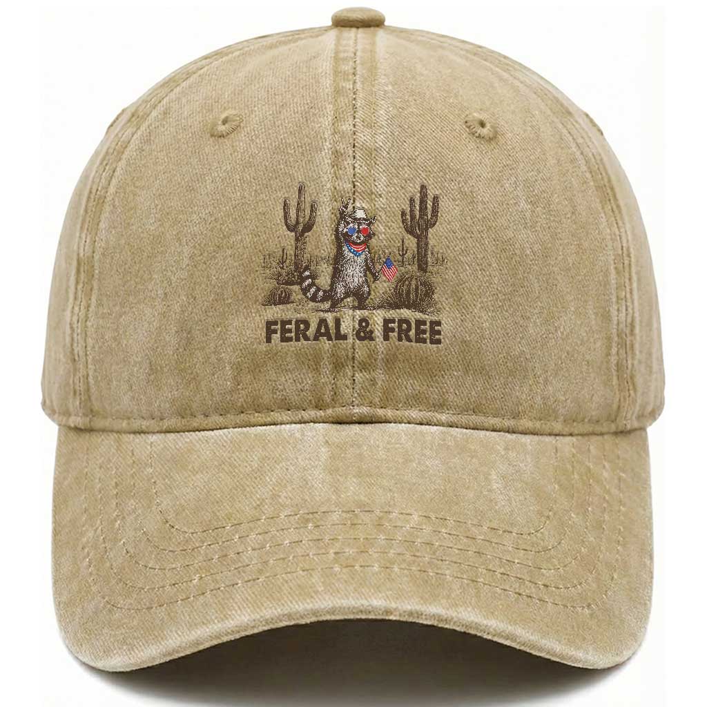 Feral & Free Raccoon Washed Cotton Baseball Cap Funny 4th of July Cowboy Meme Retro Independence Day TS10 Washed Cap Universal Fit Khaki Print Your Wear