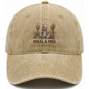 Feral & Free Raccoon Washed Cotton Baseball Cap Funny 4th of July Cowboy Meme Retro Independence Day TS10 Washed Cap Universal Fit Khaki Print Your Wear