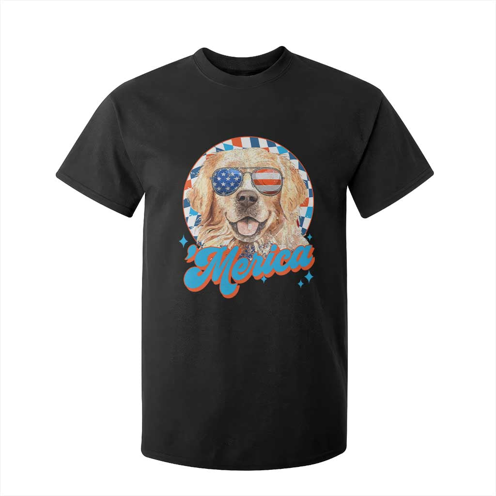 Funny Golden Retriever Merica T Shirt For Kid 4th of July Dog Mom Dad Patriotic USA Retro 90s TS10 Black Print Your Wear