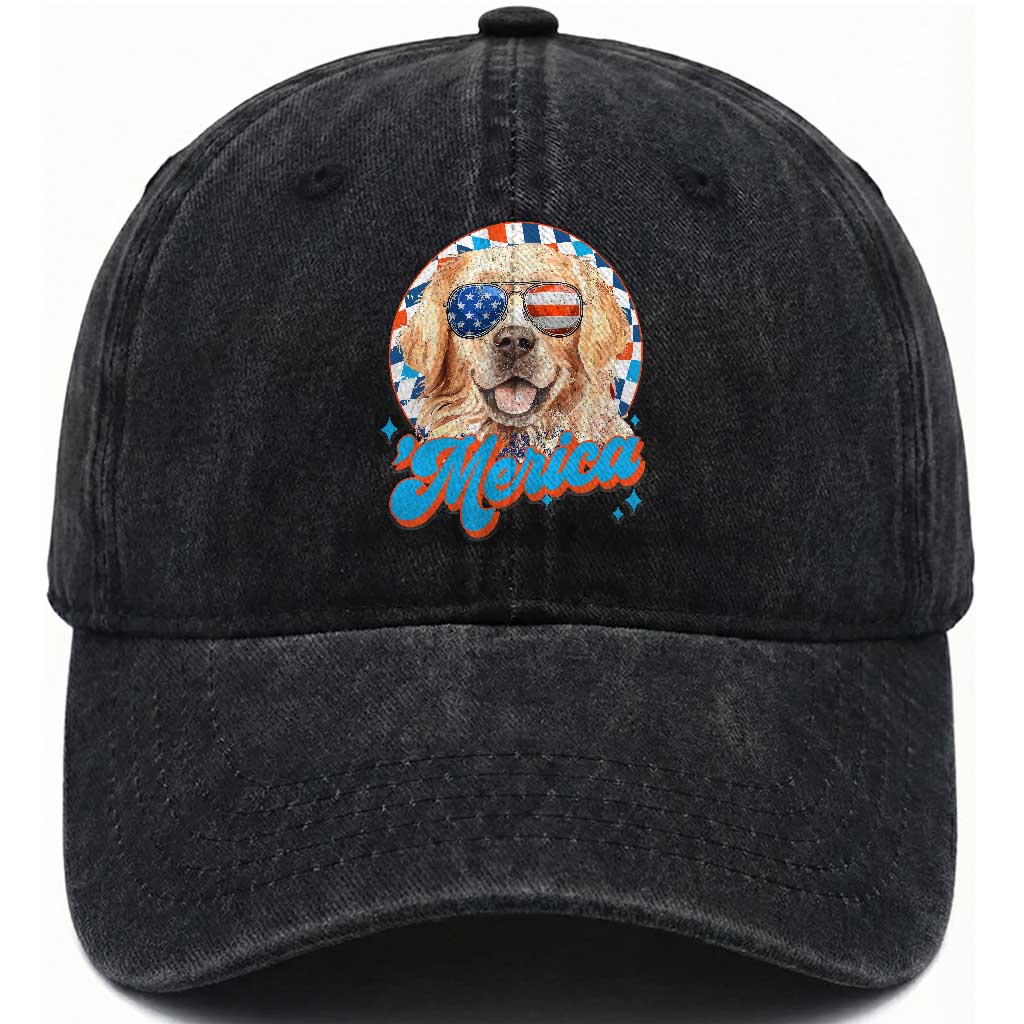 Funny Golden Retriever Merica Washed Cotton Baseball Cap 4th of July Dog Mom Dad Patriotic USA Retro 90s TS10 Washed Cap Universal Fit Black Print Your Wear