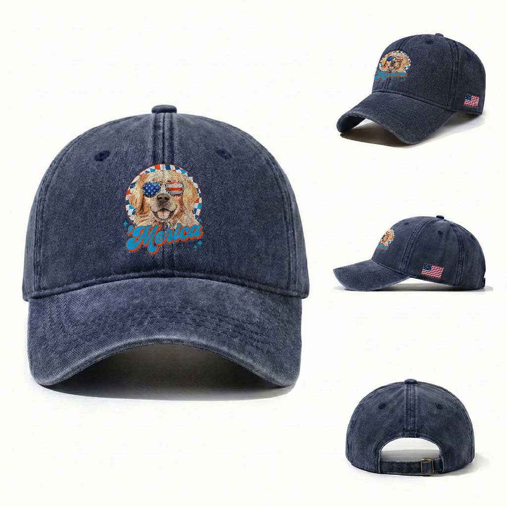 Funny Golden Retriever Merica Washed Cotton Baseball Cap 4th of July Dog Mom Dad Patriotic USA Retro 90s TS10 Washed Cap Universal Fit Navy Print Your Wear