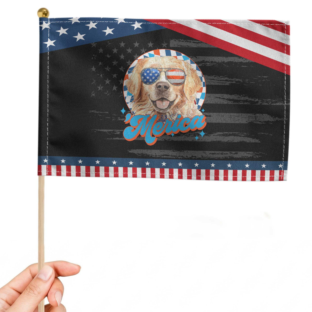 Funny Golden Retriever Merica Patriotic Handheld Flag 4th of July Dog Mom Dad USA Retro 90s TS10 Distressed 8.2