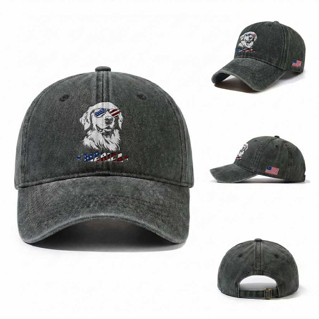 Merica Golden Retriever Washed Cotton Baseball Cap 4th of July Dog Patriotic Dog Mom TS10 Washed Cap Universal Fit Dark Green Print Your Wear