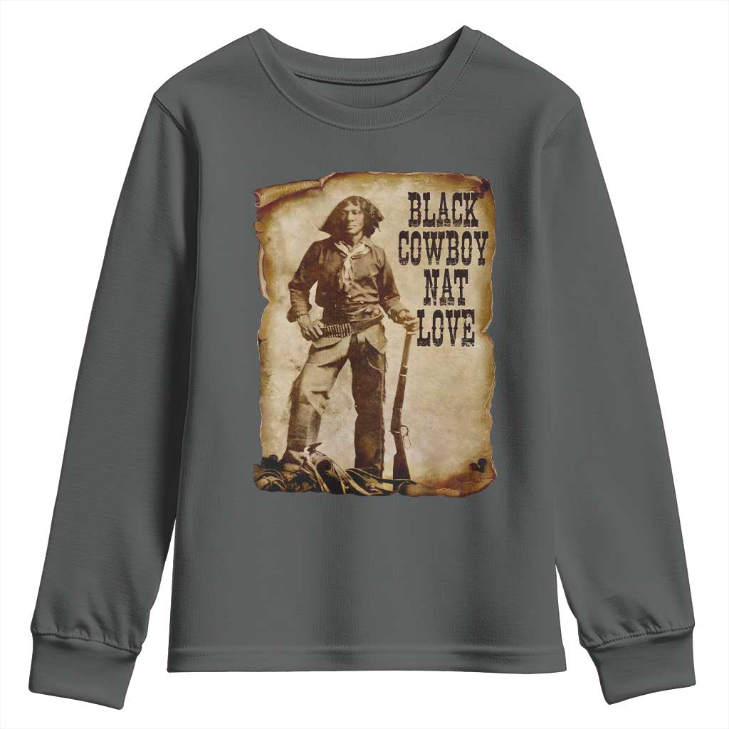 Black Cowboy Nat Love Youth Sweatshirt African American Western Rodeo Melanin Black History Texas TS10 Dark Heather Print Your Wear