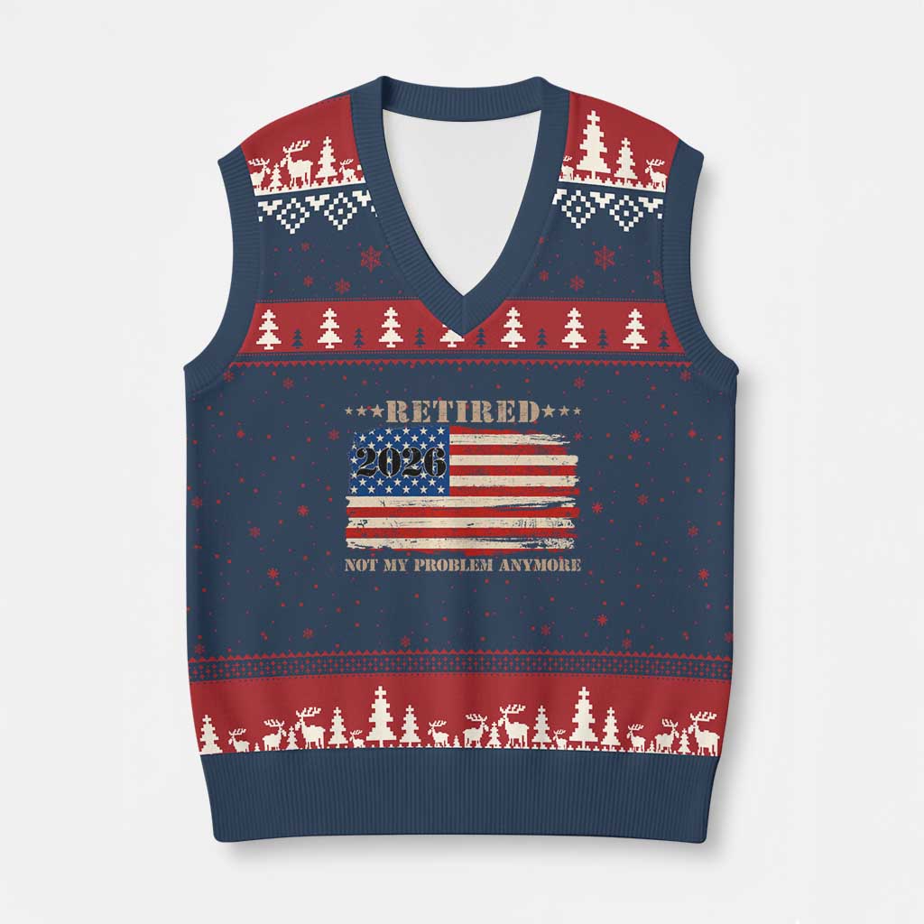 Retirement 2026 V-Neck Knit Sweater Vest Vintage Retired Not My Problem Anymore American Flag
