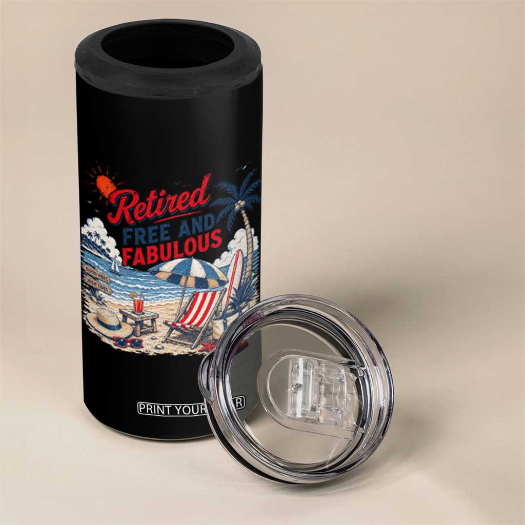 Retirement Gifts For Her 4 in 1 Can Cooler Tumbler Retro Retired Free And Fabulous Beach Summer Vacation Vintage