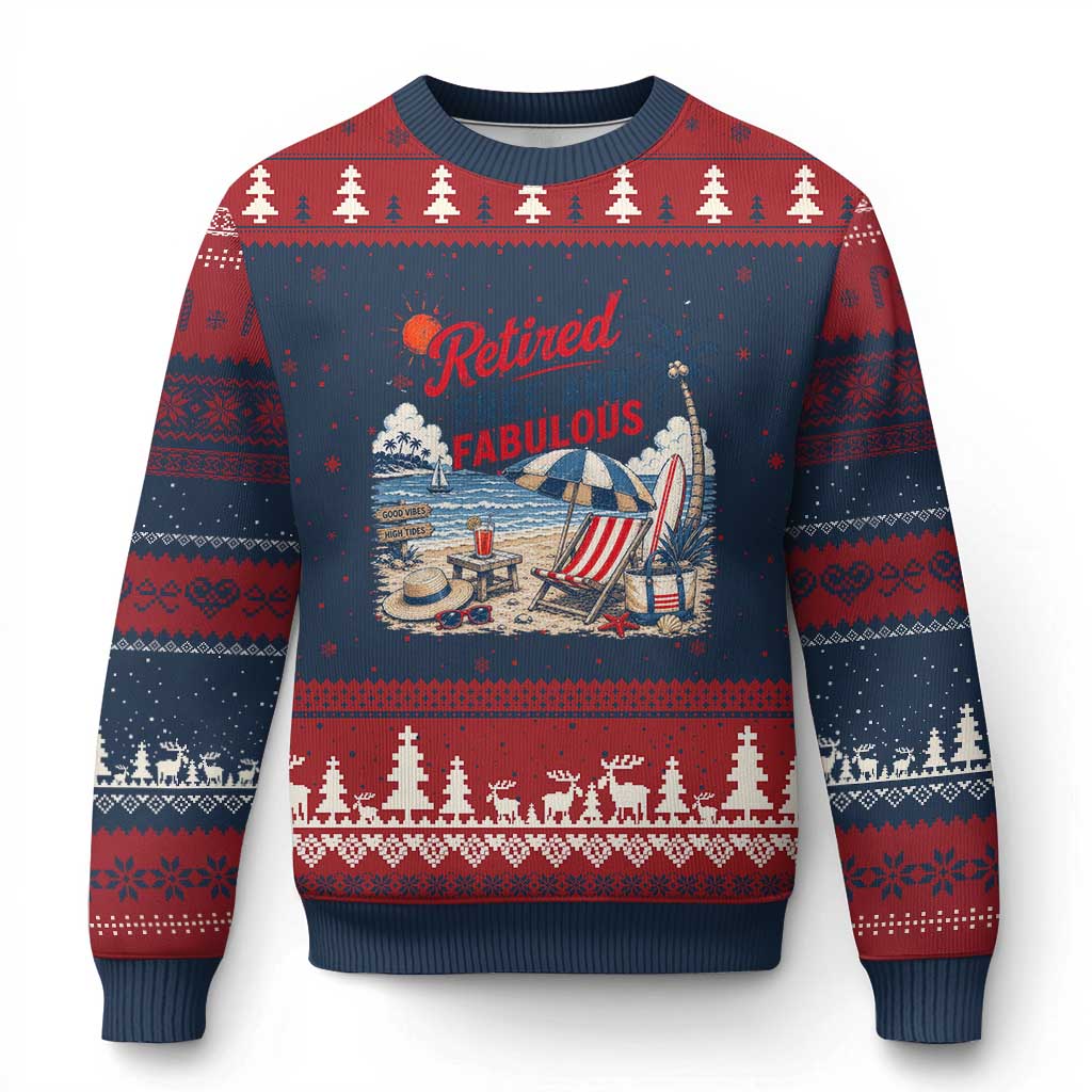 Retirement Gifts For Her Ugly Christmas Sweater Retro Retired Free And Fabulous Beach Summer Vacation Vintage TS10 Navy Red Print Your Wear