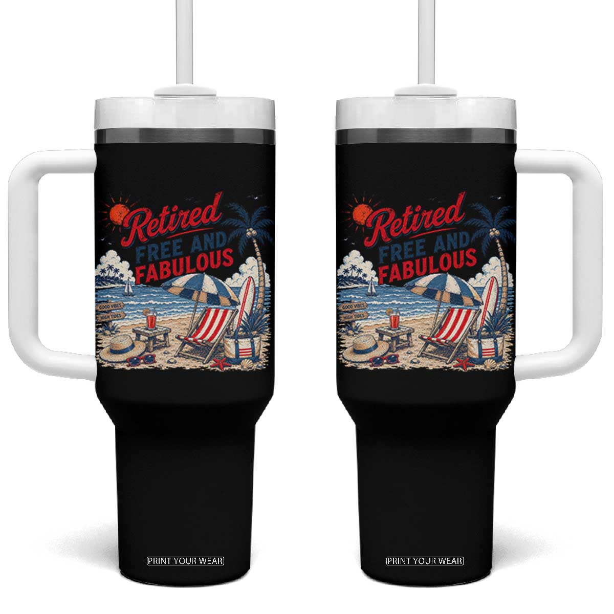 Retirement Gifts For Her Tumbler With Handle Retro Retired Free And Fabulous Beach Summer Vacation Vintage