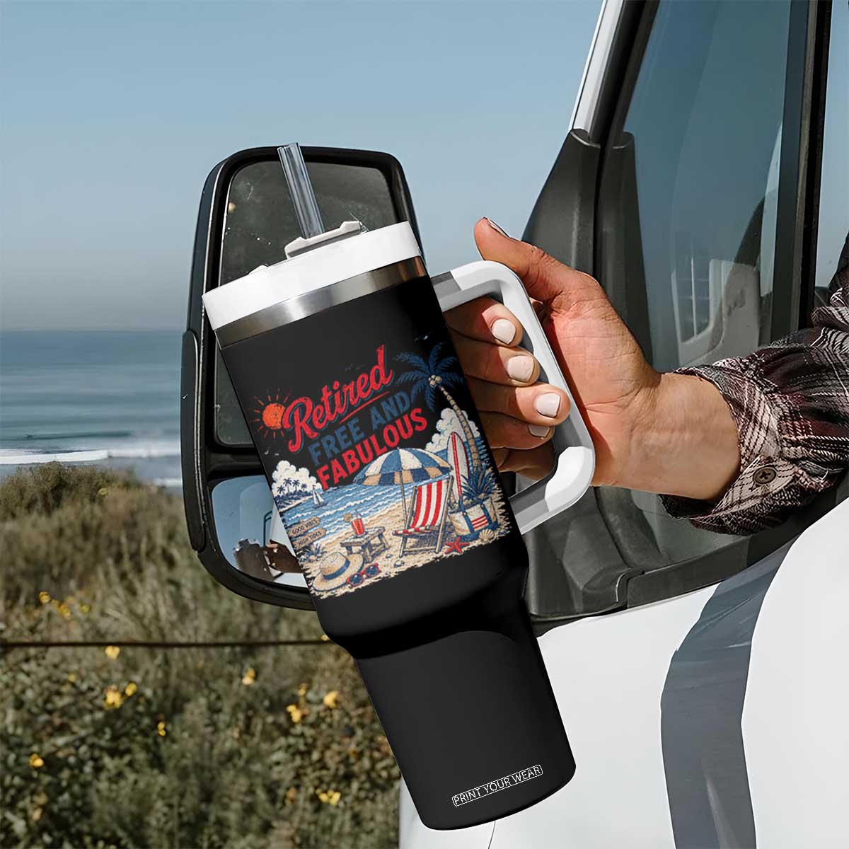 Retirement Gifts For Her Tumbler With Handle Retro Retired Free And Fabulous Beach Summer Vacation Vintage