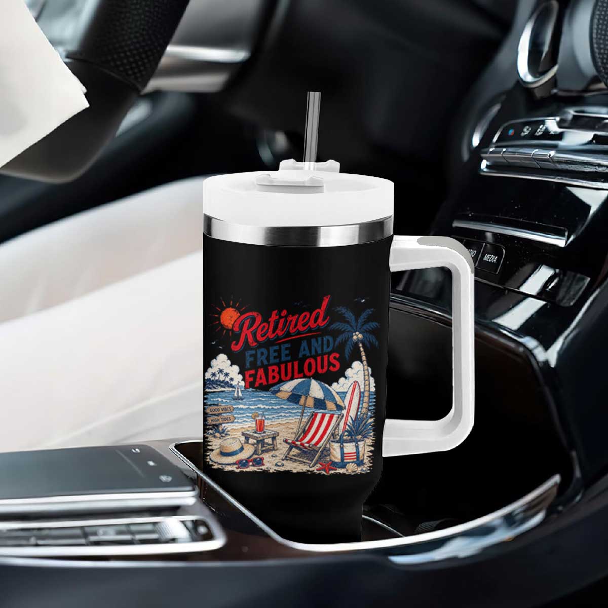 Retirement Gifts For Her Tumbler With Handle Retro Retired Free And Fabulous Beach Summer Vacation Vintage