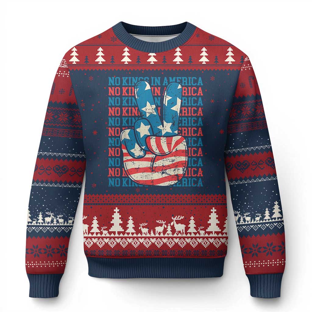 No Kings In America Ugly Christmas Sweater USA Flag Peace Sign Hand 4th of July Patriotic TS10 Navy Red Print Your Wear