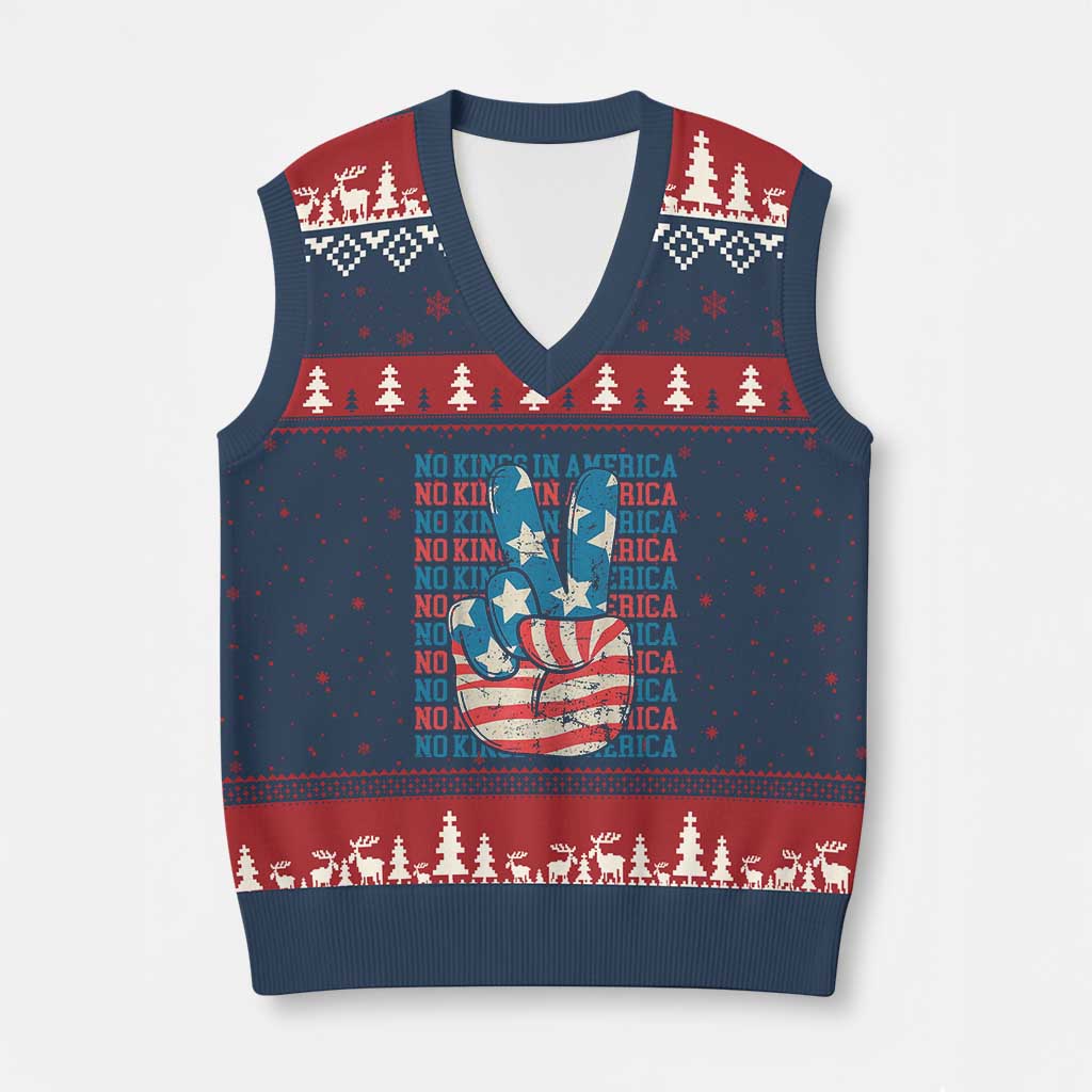 No Kings In America V-Neck Knit Sweater Vest USA Flag Peace Sign Hand 4th of July Patriotic TS10 Navy Red Print Your Wear