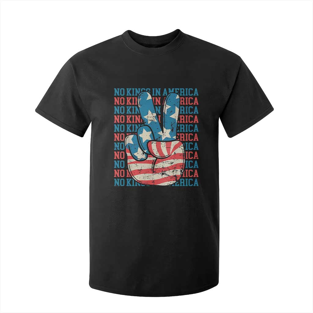 No Kings In America T Shirt For Kid USA Flag Peace Sign Hand 4th of July Patriotic - Print Your Wear