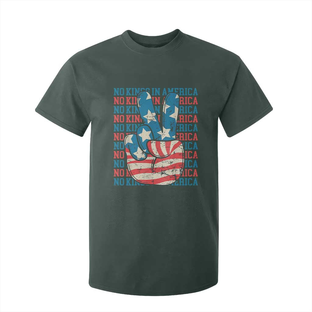 No Kings In America T Shirt For Kid USA Flag Peace Sign Hand 4th of July Patriotic TS10 Dark Forest Green Print Your Wear