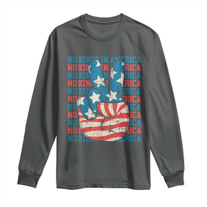 No Kings In America Long Sleeve Shirt USA Flag Peace Sign Hand 4th of July Patriotic TS10 Dark Heather Print Your Wear