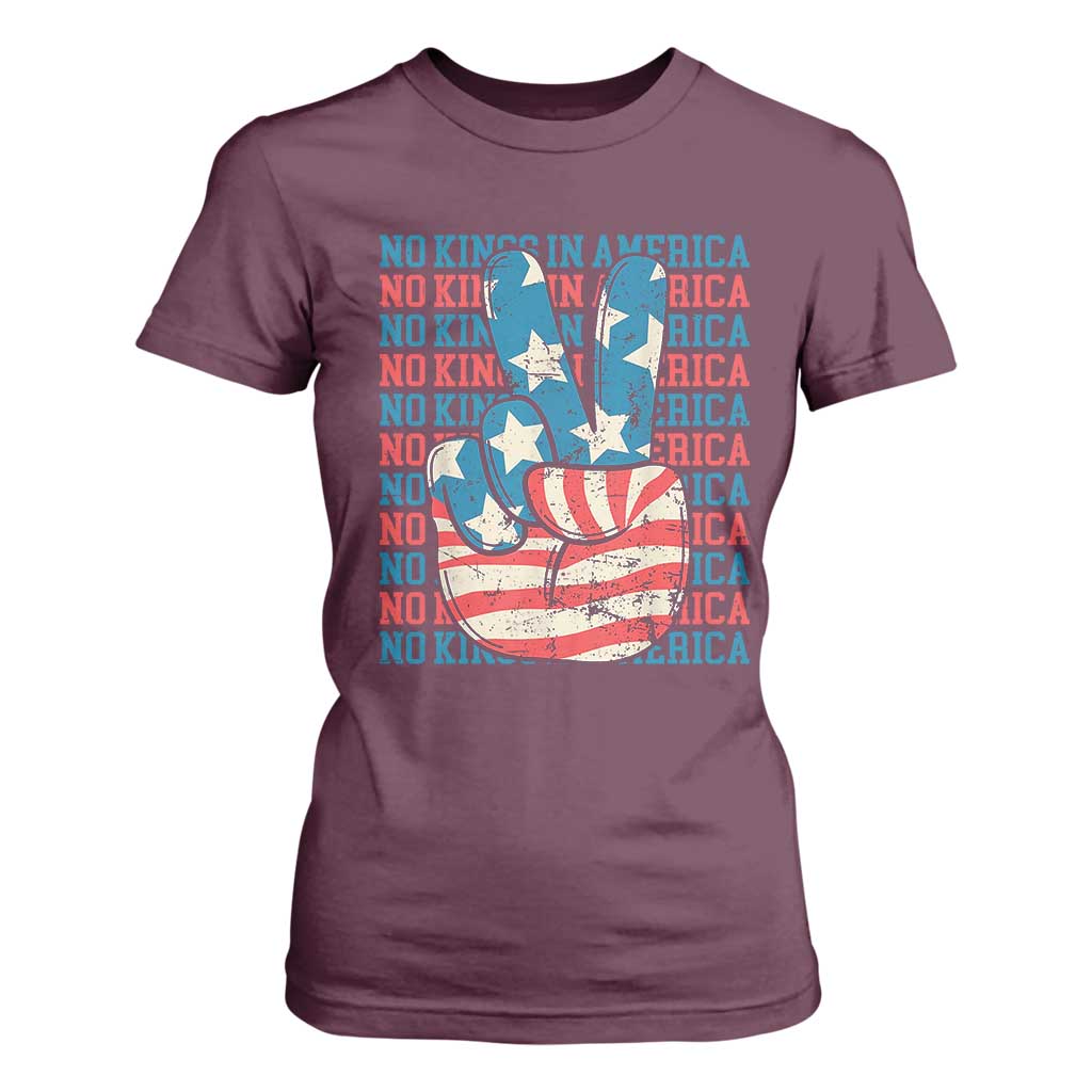 No Kings In America T Shirt For Women USA Flag Peace Sign Hand 4th of July Patriotic TS10 Maroon Print Your Wear