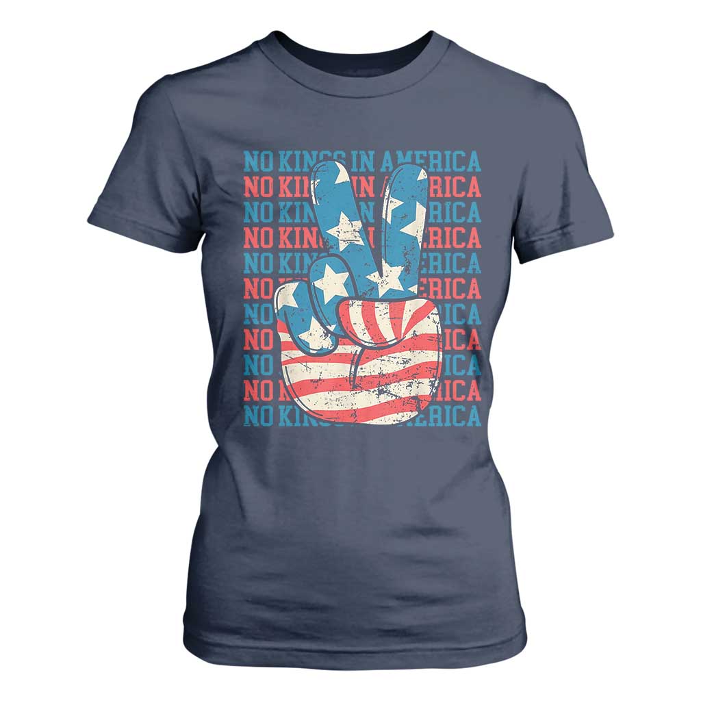 No Kings In America T Shirt For Women USA Flag Peace Sign Hand 4th of July Patriotic TS10 Navy Print Your Wear
