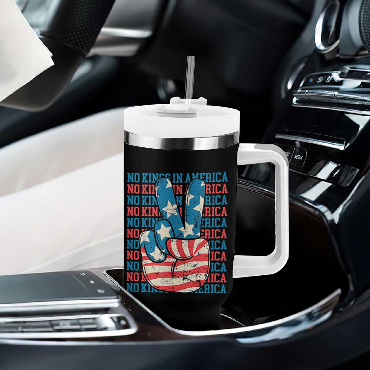 No Kings In America Tumbler With Handle USA Flag Peace Sign Hand 4th of July Patriotic TS10 Print Your Wear