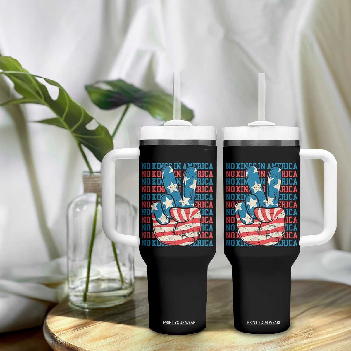 No Kings In America Tumbler With Handle USA Flag Peace Sign Hand 4th of July Patriotic TS10 Print Your Wear
