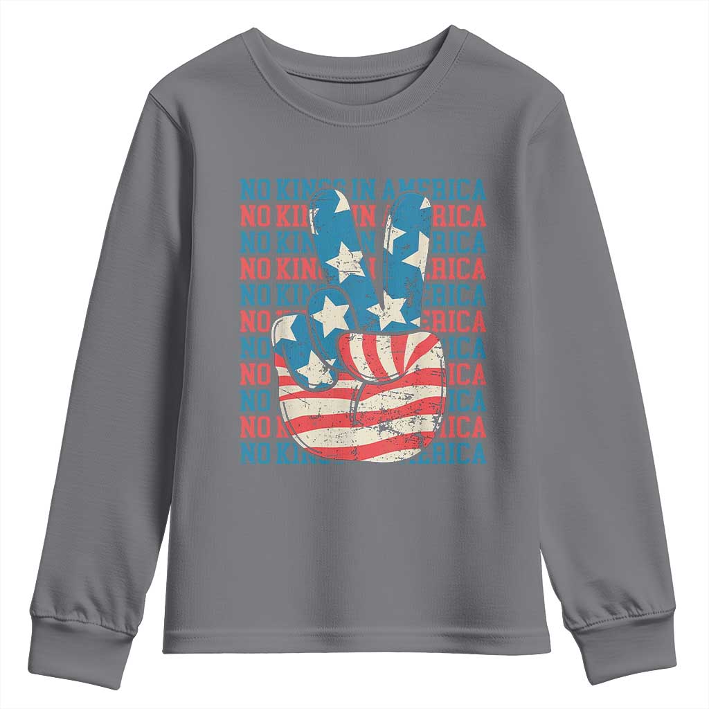 No Kings In America Youth Sweatshirt USA Flag Peace Sign Hand 4th of July Patriotic TS10 Charcoal Print Your Wear