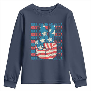 No Kings In America Youth Sweatshirt USA Flag Peace Sign Hand 4th of July Patriotic TS10 Navy Print Your Wear