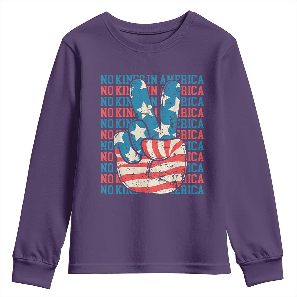 No Kings In America Youth Sweatshirt USA Flag Peace Sign Hand 4th of July Patriotic TS10 Purple Print Your Wear