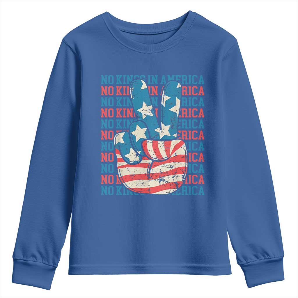 No Kings In America Youth Sweatshirt USA Flag Peace Sign Hand 4th of July Patriotic TS10 Royal Blue Print Your Wear