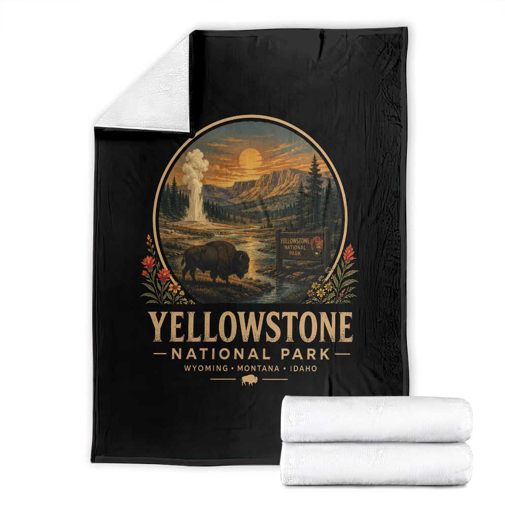 Vintage Yellowstone National Park Vintage Bison Geyser Throw Blanket Wyoming Montana Idaho Hiking Camping TS10 Black Print Your Wear