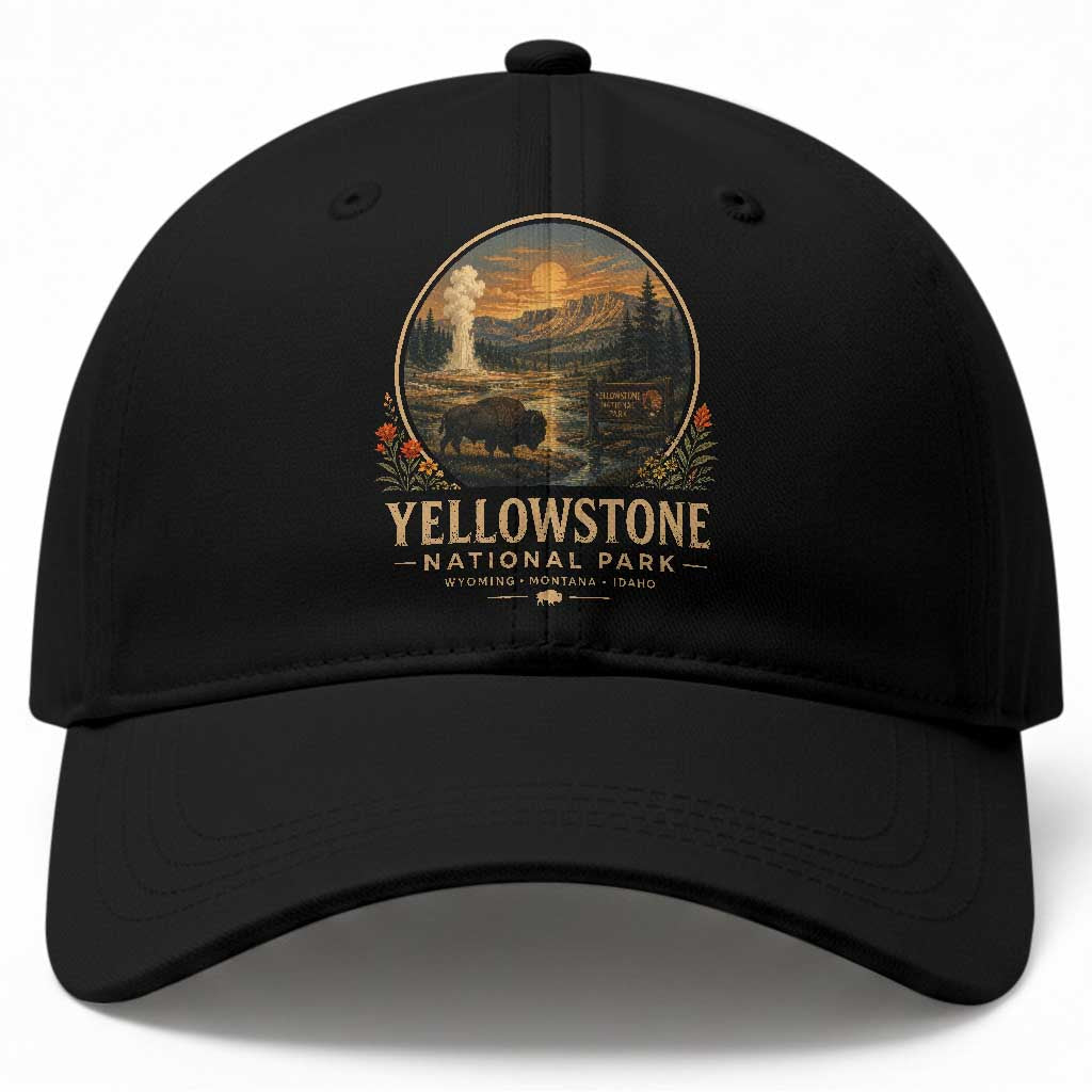 Vintage Yellowstone National Park Vintage Bison Geyser Baseball Cap Wyoming Montana Idaho Hiking Camping TS10 Print Your Wear