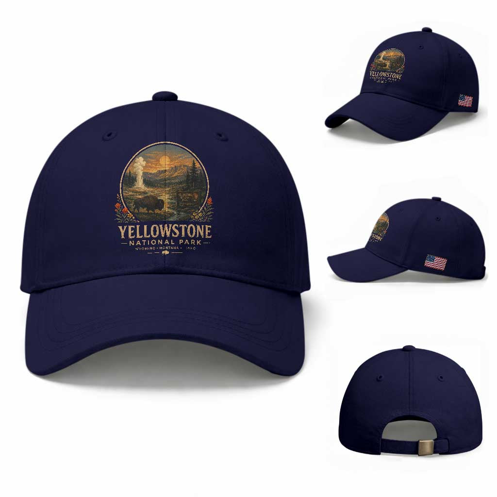 Vintage Yellowstone National Park Vintage Bison Geyser Baseball Cap Wyoming Montana Idaho Hiking Camping TS10 Baseball Cap Universal Fit Dark Blue Print Your Wear