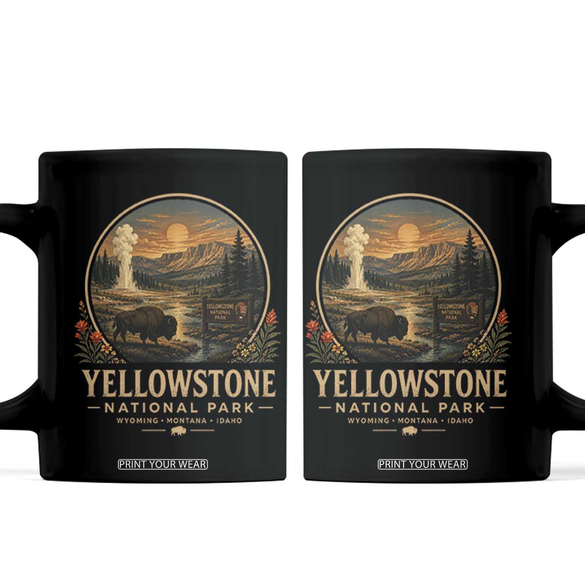 Vintage Yellowstone National Park Vintage Bison Geyser Coffee Mug Wyoming Montana Idaho Hiking Camping