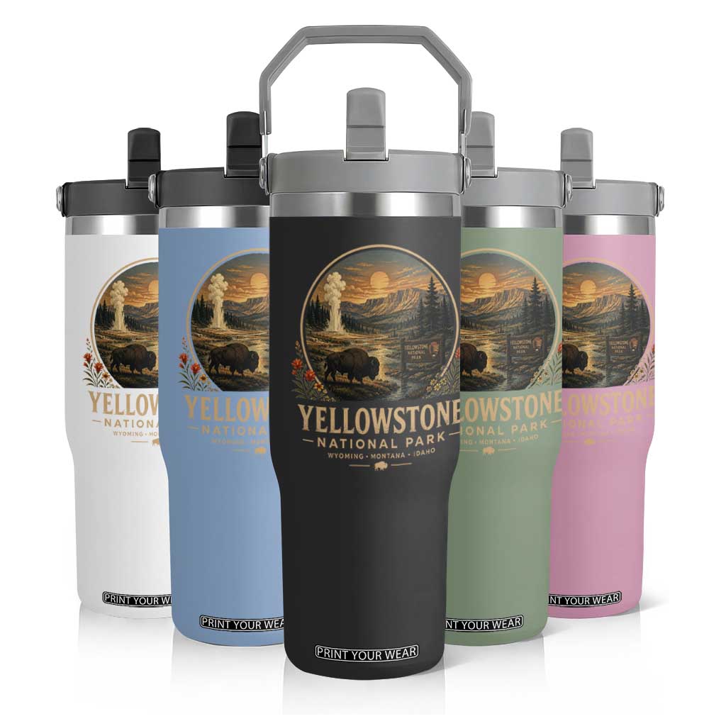 Vintage Yellowstone National Park Vintage Bison Geyser Flip Straw Tumbler Wyoming Montana Idaho Hiking Camping