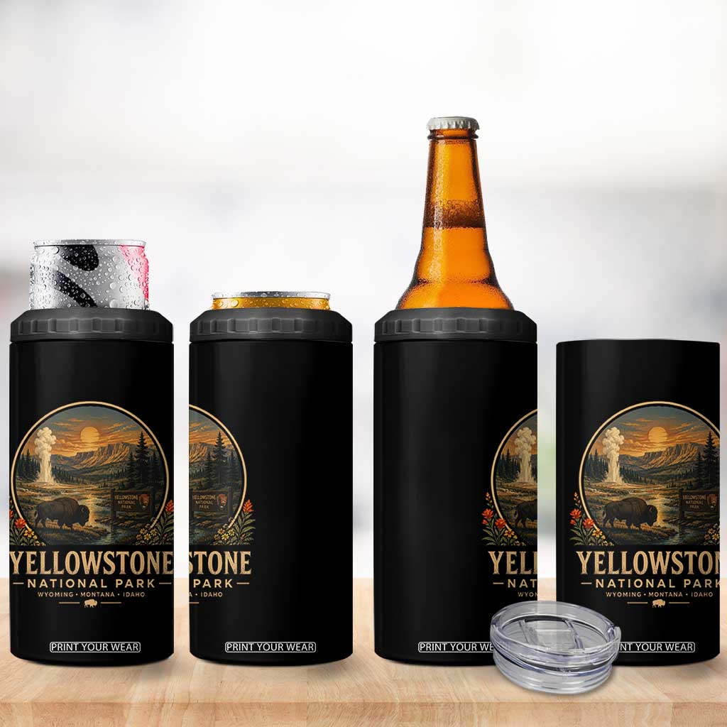 Vintage Yellowstone National Park Vintage Bison Geyser 4 in 1 Can Cooler Tumbler Wyoming Montana Idaho Hiking Camping