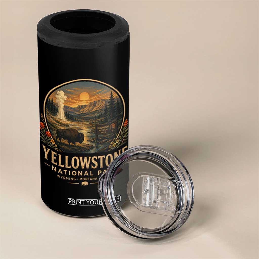 Vintage Yellowstone National Park Vintage Bison Geyser 4 in 1 Can Cooler Tumbler Wyoming Montana Idaho Hiking Camping