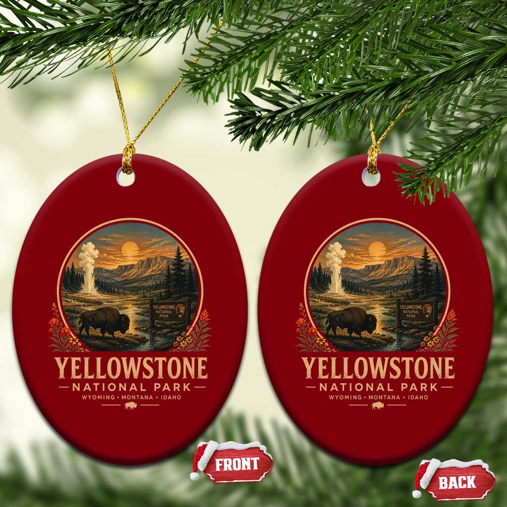 Vintage Yellowstone National Park Vintage Bison Geyser Ceramic Ornament Wyoming Montana Idaho Hiking Camping