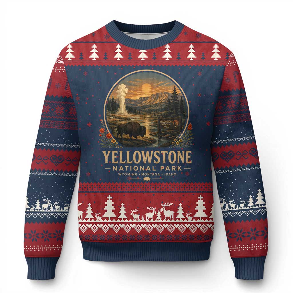 Vintage Yellowstone National Park Vintage Bison Geyser Ugly Christmas Sweater Wyoming Montana Idaho Hiking Camping TS10 Navy Red Print Your Wear