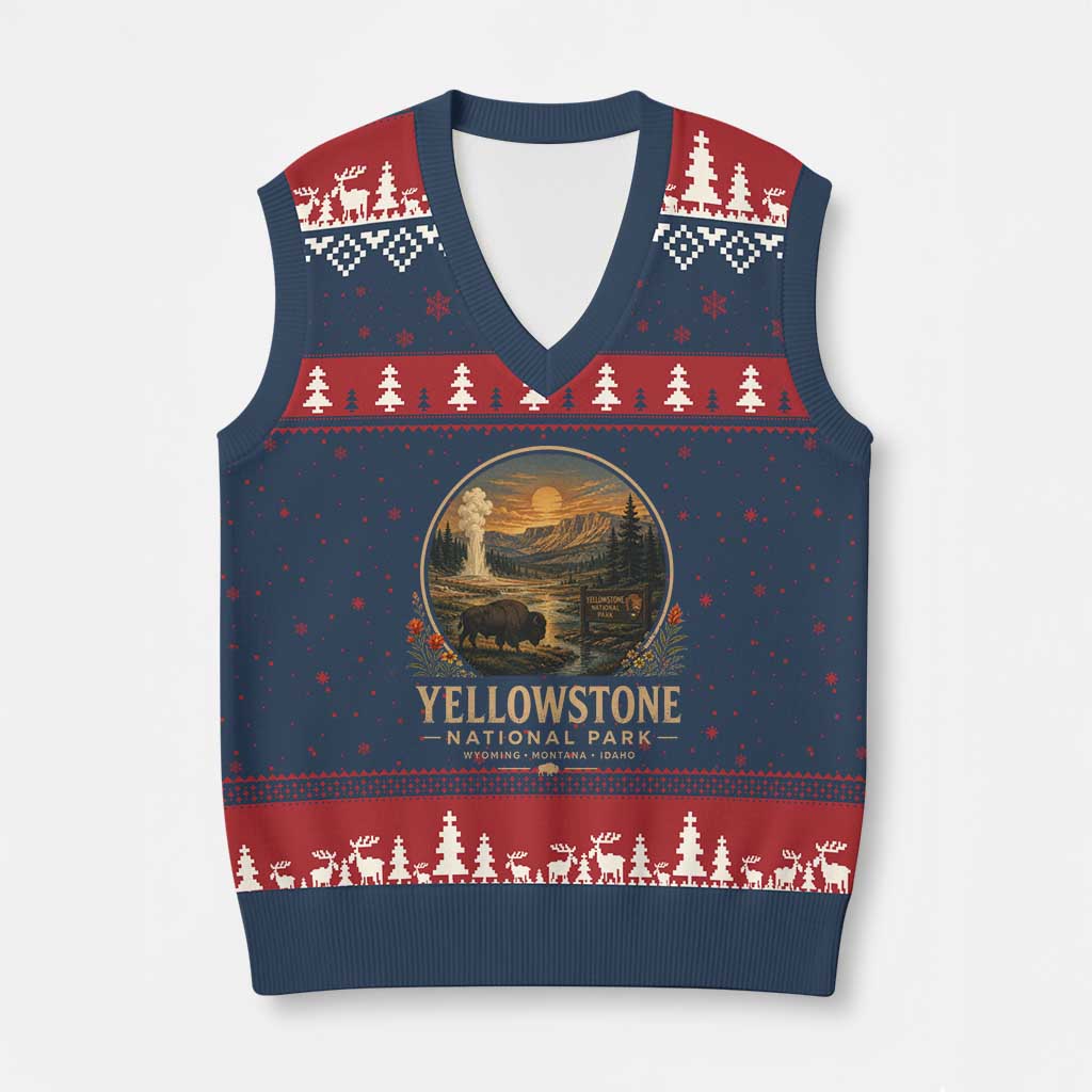 Vintage Yellowstone National Park Vintage Bison Geyser V-Neck Knit Sweater Vest Wyoming Montana Idaho Hiking Camping TS10 Navy Red Print Your Wear