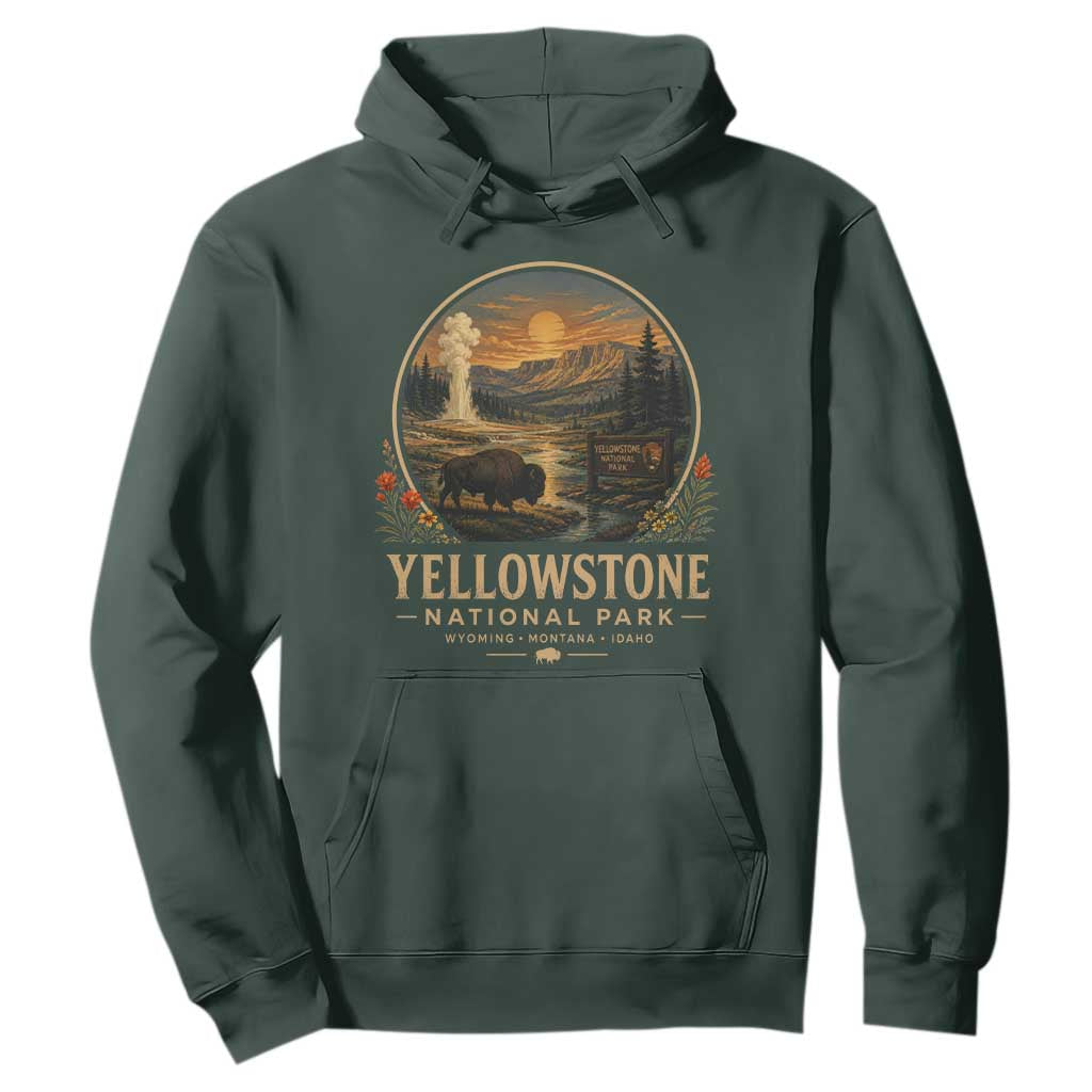 Vintage Yellowstone National Park Vintage Bison Geyser Hoodie Wyoming Montana Idaho Hiking Camping TS10 Dark Forest Green Print Your Wear