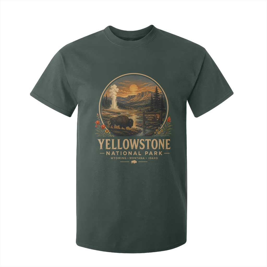 Vintage Yellowstone National Park Vintage Bison Geyser T Shirt For Kid Wyoming Montana Idaho Hiking Camping TS10 Dark Forest Green Print Your Wear