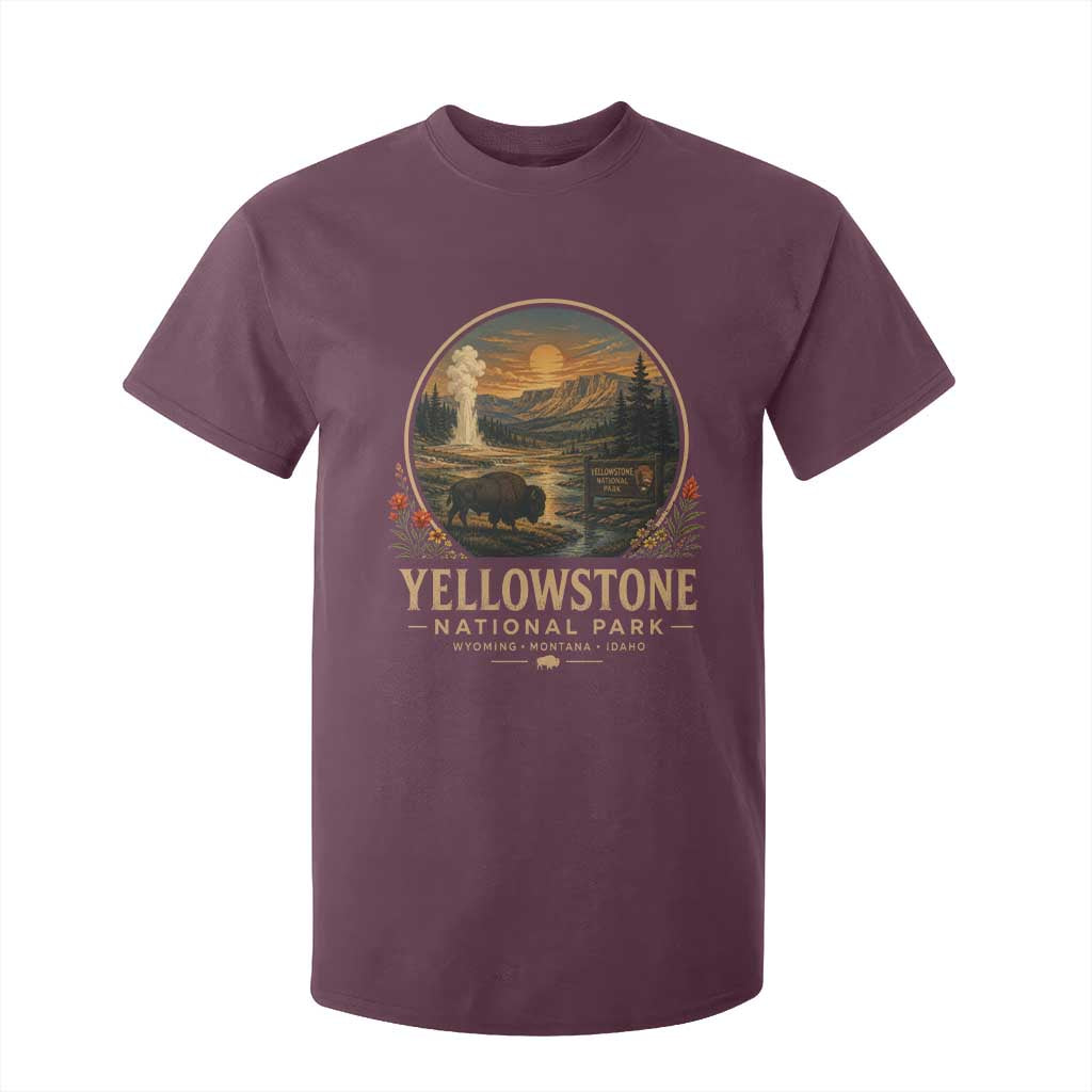 Vintage Yellowstone National Park Vintage Bison Geyser T Shirt For Kid Wyoming Montana Idaho Hiking Camping TS10 Maroon Print Your Wear