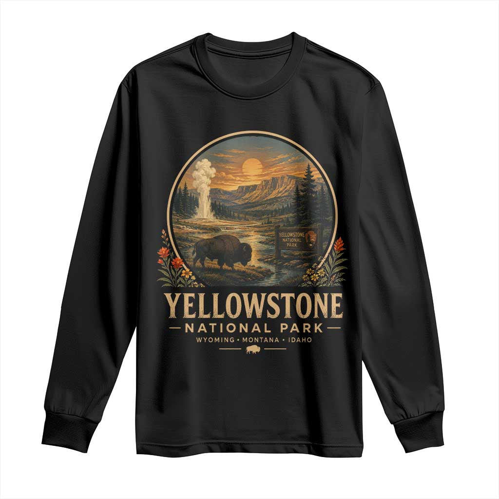 Vintage Yellowstone National Park Vintage Bison Geyser Long Sleeve Shirt Wyoming Montana Idaho Hiking Camping TS10 Black Print Your Wear