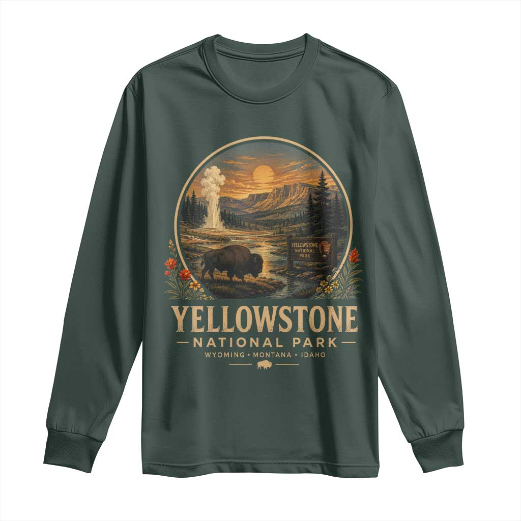 Vintage Yellowstone National Park Vintage Bison Geyser Long Sleeve Shirt Wyoming Montana Idaho Hiking Camping