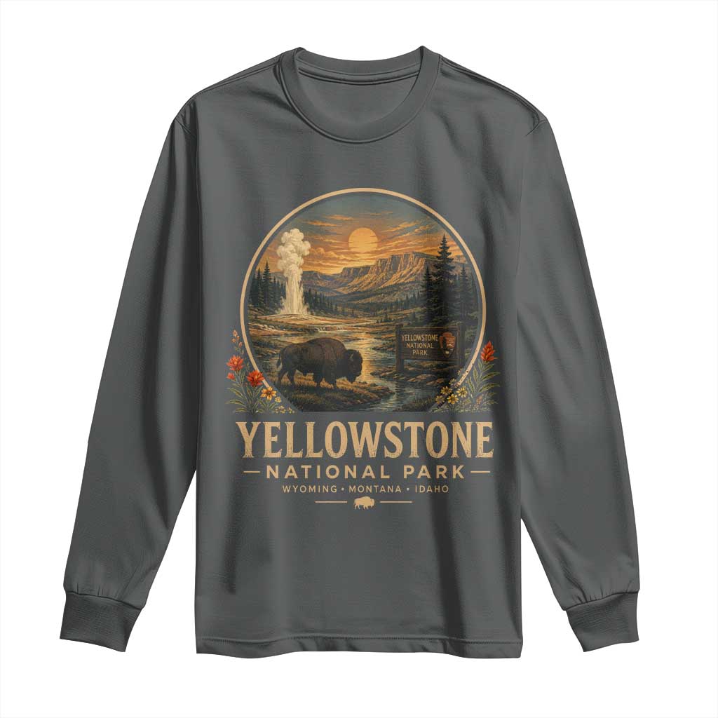 Vintage Yellowstone National Park Vintage Bison Geyser Long Sleeve Shirt Wyoming Montana Idaho Hiking Camping