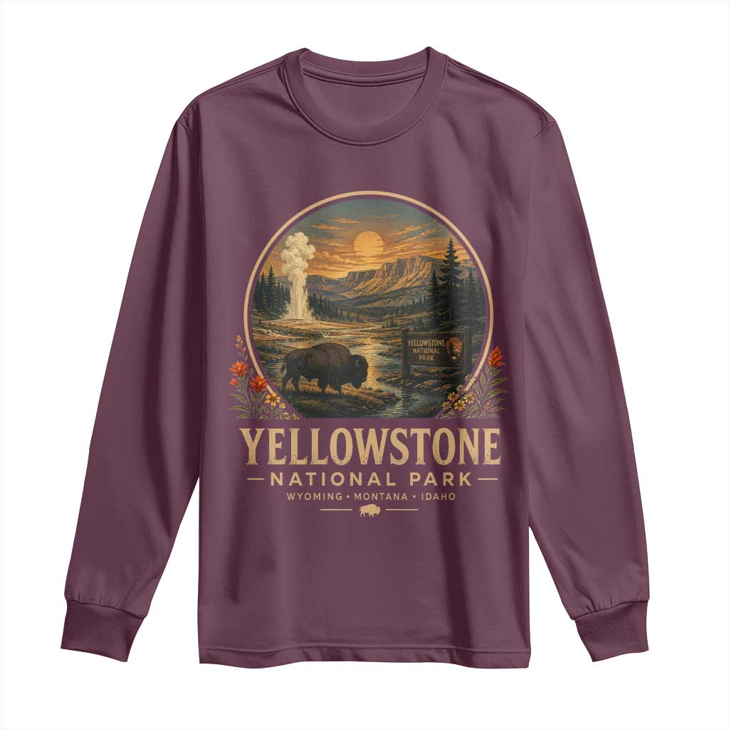 Vintage Yellowstone National Park Vintage Bison Geyser Long Sleeve Shirt Wyoming Montana Idaho Hiking Camping