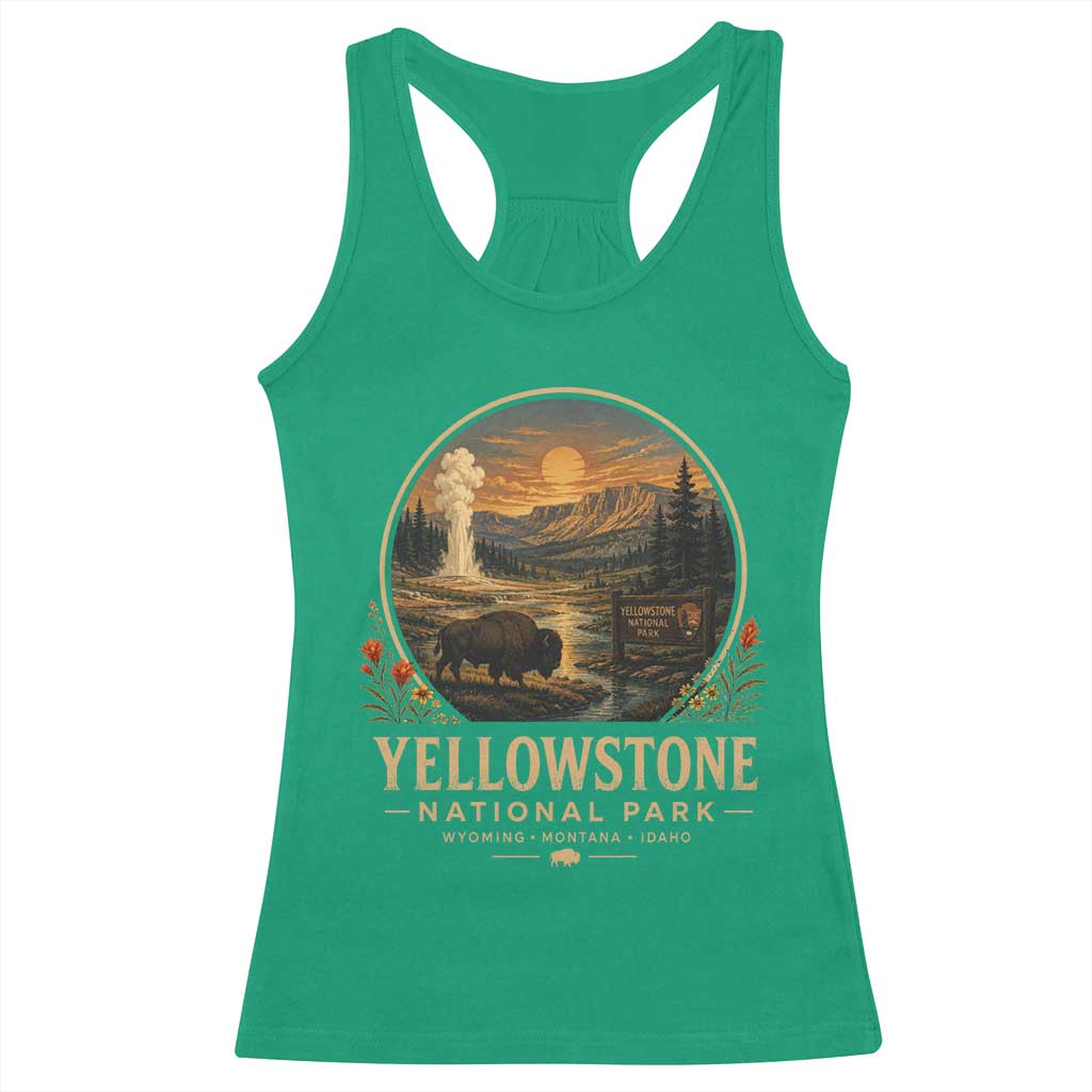Vintage Yellowstone National Park Vintage Bison Geyser Racerback Tank Top Wyoming Montana Idaho Hiking Camping TS10 Irish Green Print Your Wear