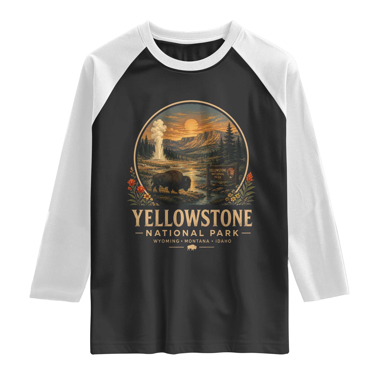 Vintage Yellowstone National Park Vintage Bison Geyser Raglan Shirt Wyoming Montana Idaho Hiking Camping TS10 Black White Print Your Wear