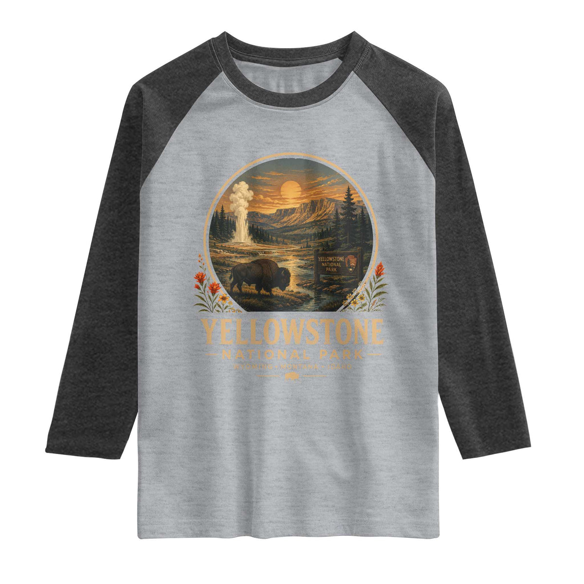 Vintage Yellowstone National Park Vintage Bison Geyser Raglan Shirt Wyoming Montana Idaho Hiking Camping