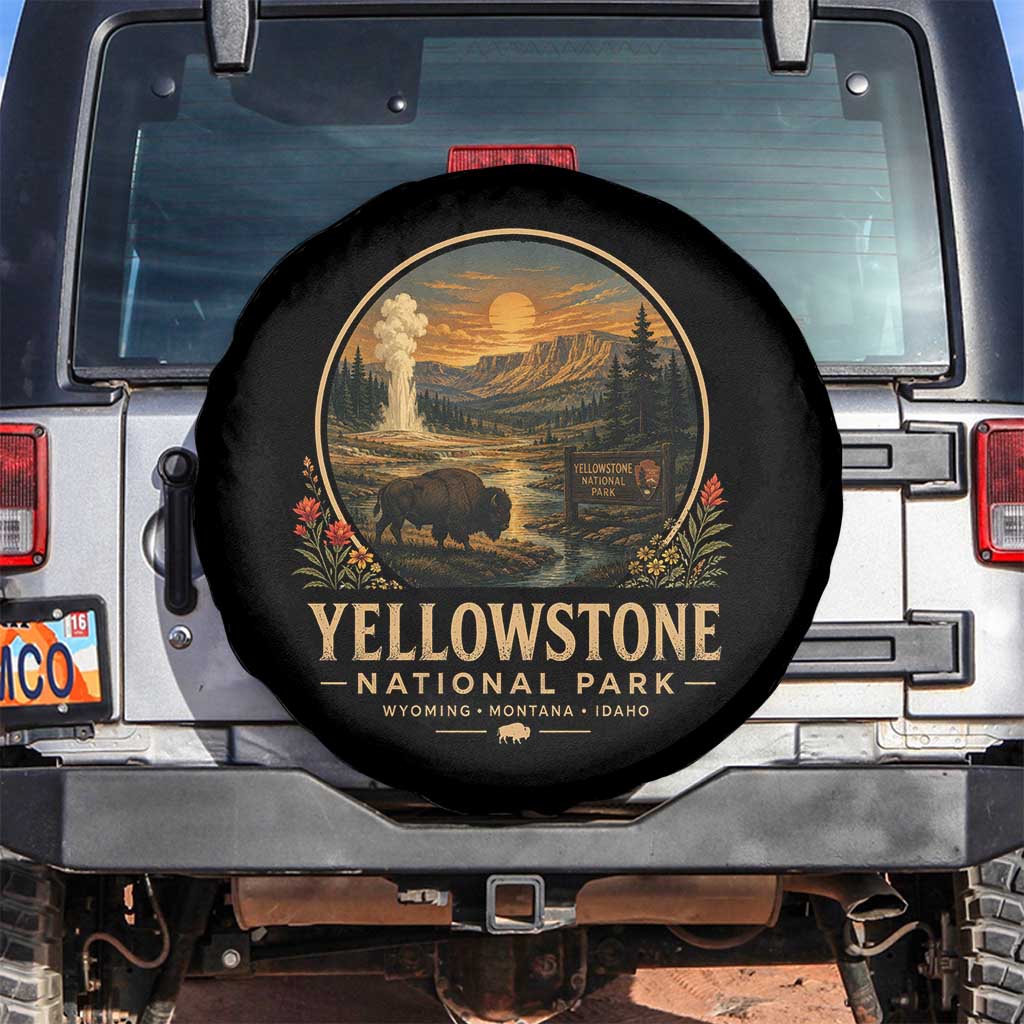Vintage Yellowstone National Park Vintage Bison Geyser Spare Tire Cover Wyoming Montana Idaho Hiking Camping TS10 No hole Black Print Your Wear