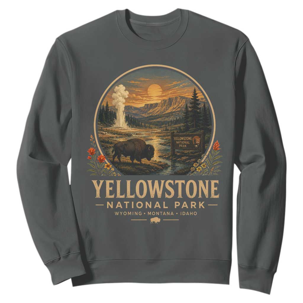 Vintage Yellowstone National Park Vintage Bison Geyser Sweatshirt Wyoming Montana Idaho Hiking Camping